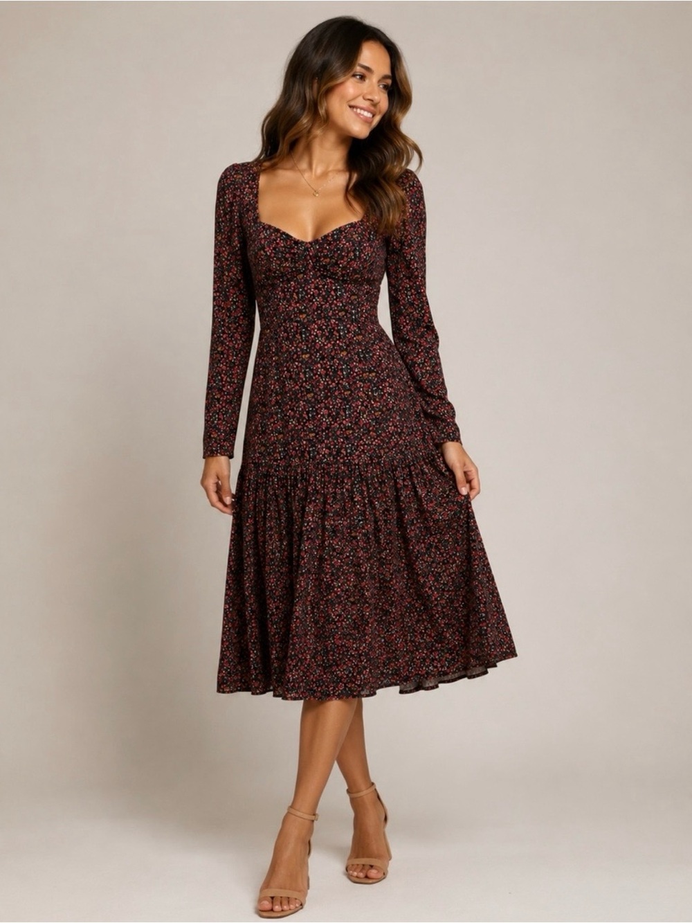 Hutch Long Sleeve Floral Dress in Burgundy and Black